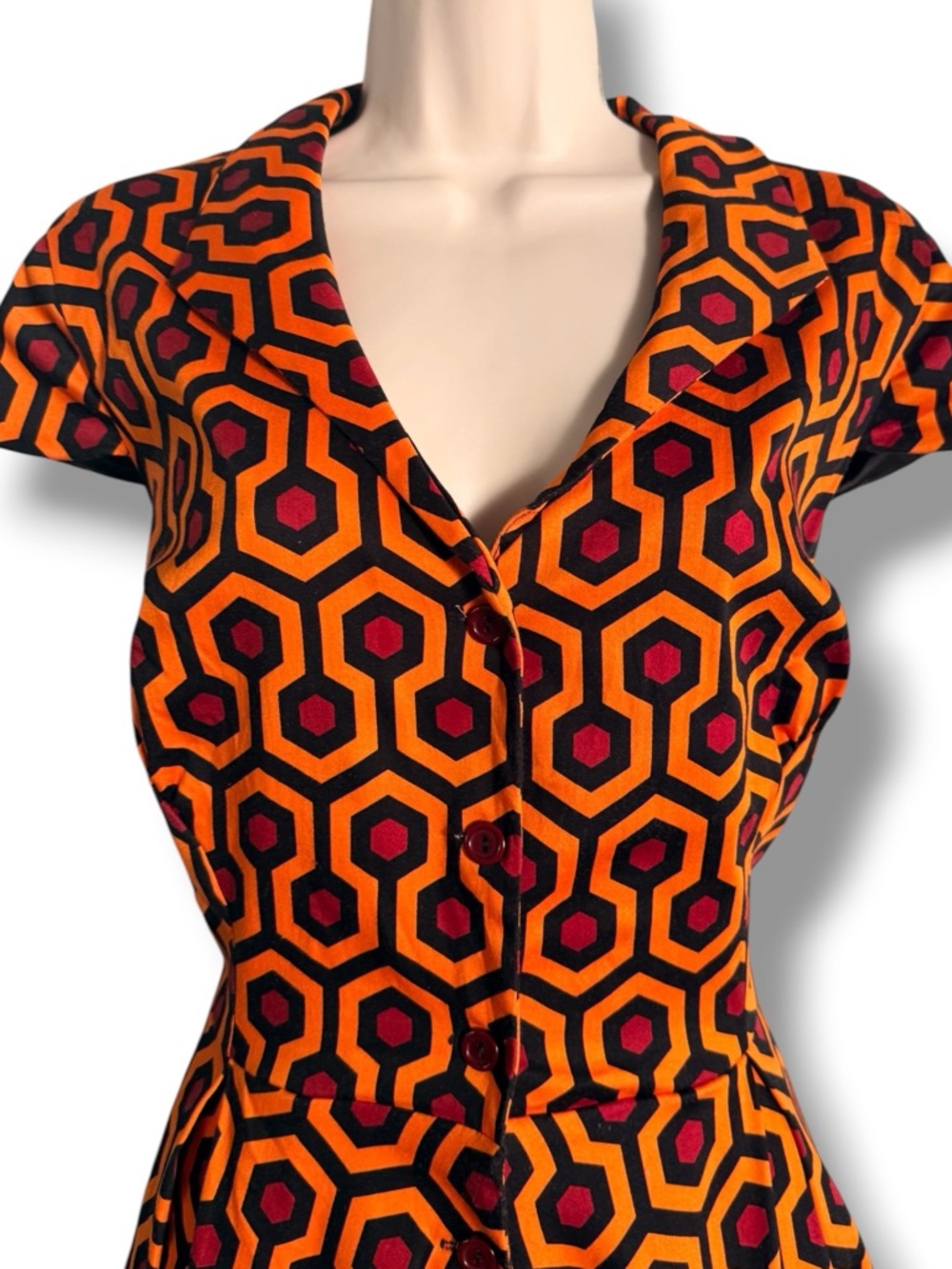 Pinup Couture Overlook Print Dress RARE The Shining Geo Orange Red Black Large - Picture 6 of 8